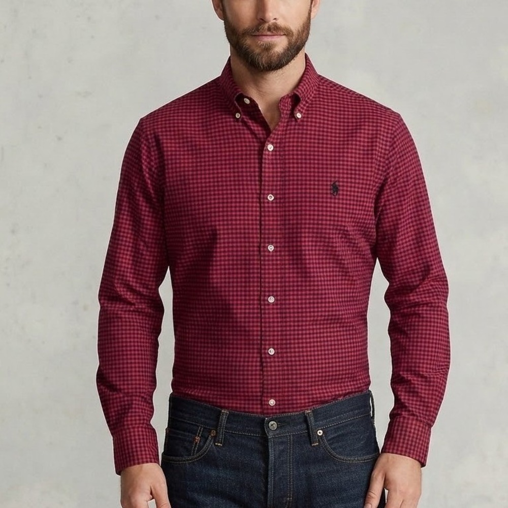 Polo Ralph Lauren Button Down Shirt Mens Medium Red Black Gingham Classic Fit